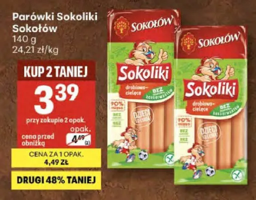 Parówki Sokoliki drobiowo-cielęce Sokołów promocja w Delikatesy Centrum