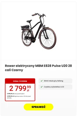 Rower elektryczny Mbm E828 Pulse U20 Czarny promocja w Media Expert