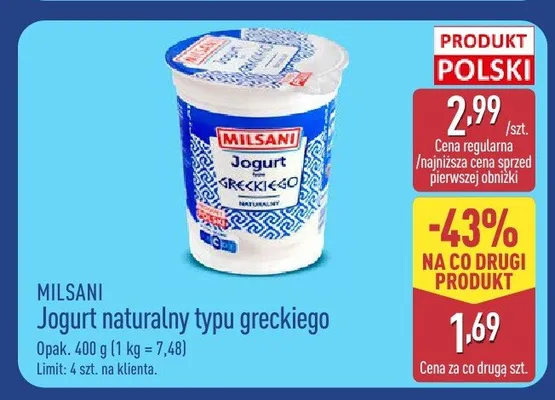 Jogurt naturalny typu greckiego Milsani promocja w Aldi