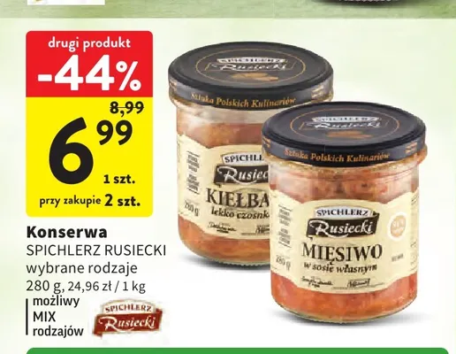 Konserwa Kiełbasa lekko czosnkowa Spichlerz Rusiecki promocja w Intermarche
