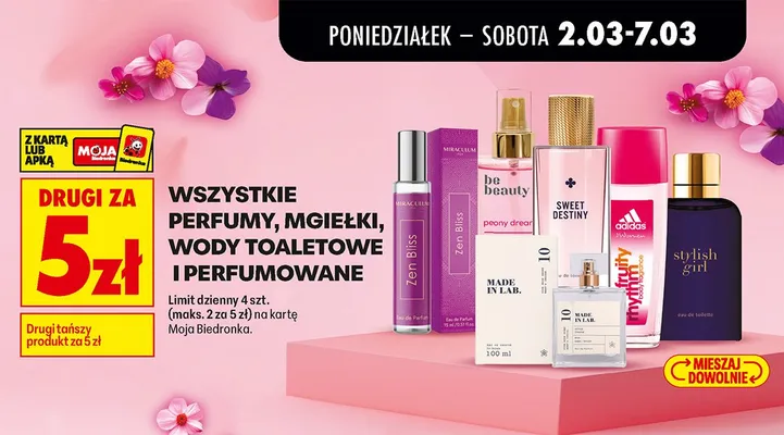 Wszystkie perfumy, mgiełki, wody toaletowe i perfumowane DRUGIE ZA 5 ZŁ promocja w Biedronka