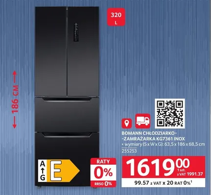 Chłodziarko-zamrażarka Bomann KG7361 INOX 63,5x186x68,5cm promocja w Selgros