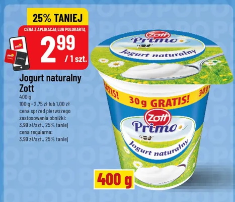 Jogurt naturalny Zott Primo promocja w POLOmarket