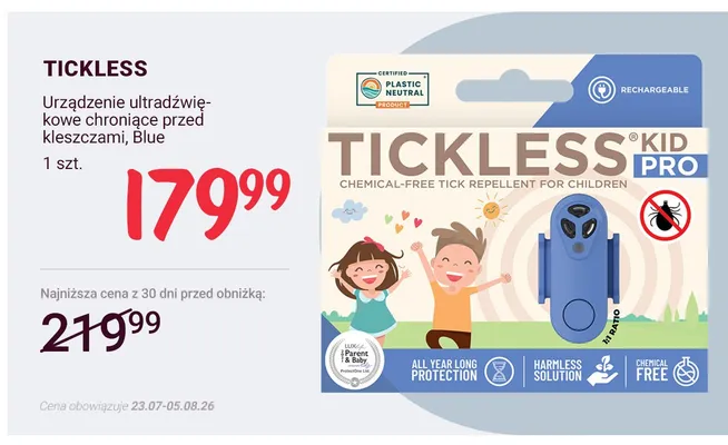 Urządzenie ultradźwiękowe chroniące przed kleszczami Tickless Kid Pro Blue promocja w Rossmann