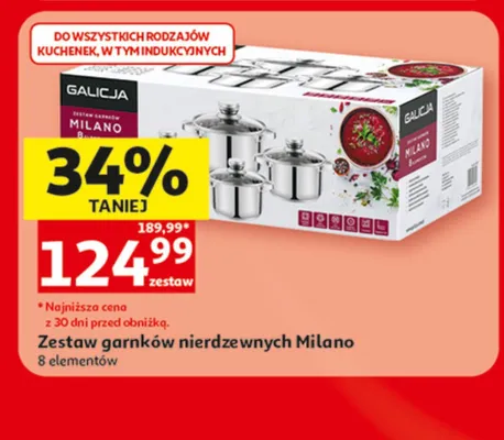 Zestaw garnków nierdzewnych Galicja Milano 8 elementów promocja w Auchan