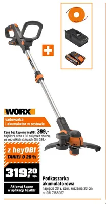 Podkaszarka akumulatorowa WORX napięcie 20V szer. koszenia 30cm promocja w OBI