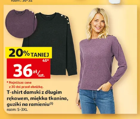 T-shirt damski z długim rękawem miękka tkanina guziki na ramieniu Inextenso promocja w Auchan