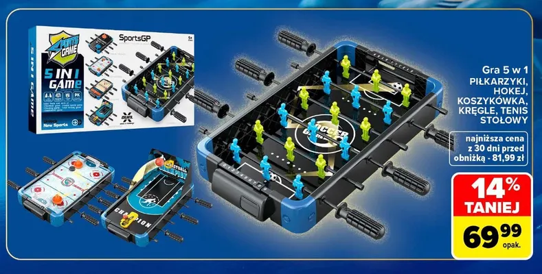 Gra 5 w 1 piłkarzyki, hokej, koszykówka, kręgle, tenis stołowy promocja w Carrefour