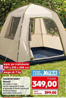Namiot COUNTRYSIDE dla maks. 6 osób lub do spania dla 4 osób w zestawie 11 śledzi stalowych, 4 linki mocujące, pokrowiec i instrukcja wym. po rozłożeniu 250x215x250cm waga ok 7kg promocja w Kaufland