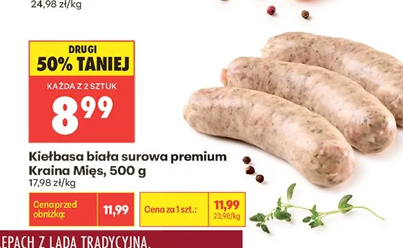 Kiełbasa biała surowa premium Kraina Mięs promocja w Biedronka