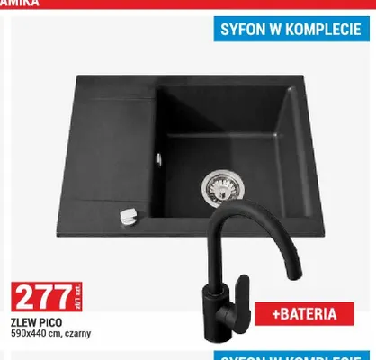 Zestaw zlew Pico czarny + bateria + syfon promocja w Merkury Market