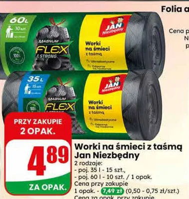 Worki na śmieci z taśmą Jan Niezbędny 60 l promocja w Dino