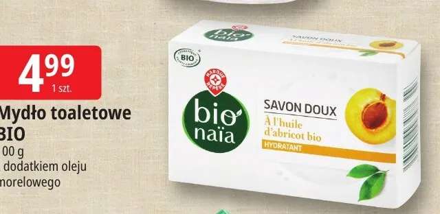 Mydło toaletowe z dodatkiem oleju morelowego Bio Naïa promocja w Leclerc