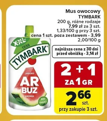 Mus owocowy Tymbark jabłko arbuz aronia promocja w Carrefour Express