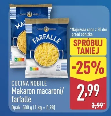 Makaron macaroni/farfalle promocja w Aldi