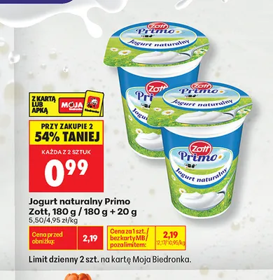 Jogurt naturalny Primo Zott 180 g + 20 promocja w Biedronka