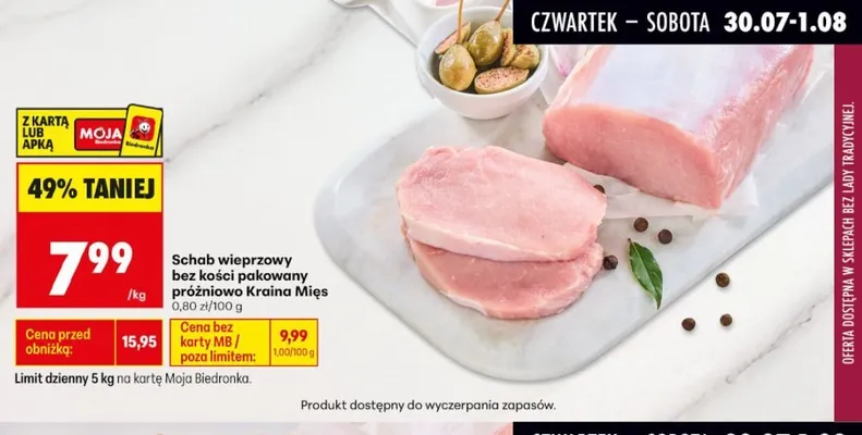 Schab wieprzowy bez kości pakowany próżniowo Kraina Mięs promocja w Biedronka