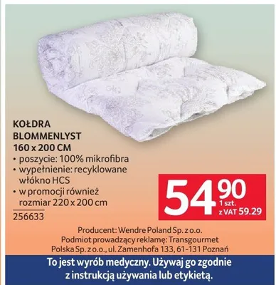 Kołdra Blommenslyst 160x200cm promocja w Selgros