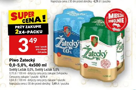 Piwo Žatecký Světlý Ležák 5,0% 4-pak 500 ml promocja w Twój Market