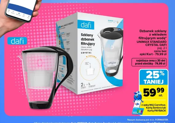 Dzbanek szklany z wkładem filtrującym wodę Unimax Standard Crystal Dafi 2 l promocja w Carrefour