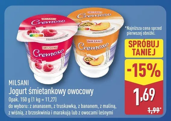 Jogurt śmietankowy owocowy  promocja w Aldi