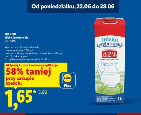 Mleko Zambrowskie UHT 3,2% Mlekpol promocja w Lidl