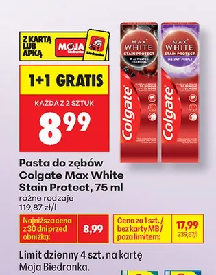 Pasta do zębów Colgate Max White Stain Protect Instant Purple promocja w Biedronka