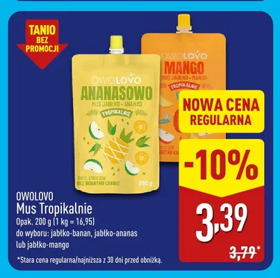 Mus Tropikalnie jabłko-mango Owolovo promocja w Aldi