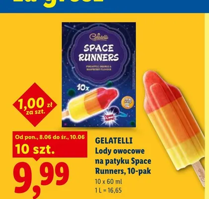 Lody owocowe na patyku Gelatelli Space Runners 10-pak promocja w Lidl