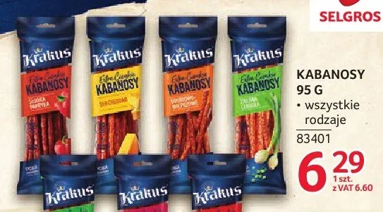 Kabanosy Krakus wszystkie rodzaje 95g promocja w Selgros