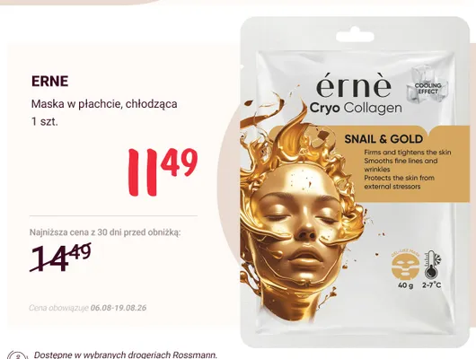 Maska w płachcie chłodząca Erne Cryo Collagen Snail & Gold promocja w Rossmann