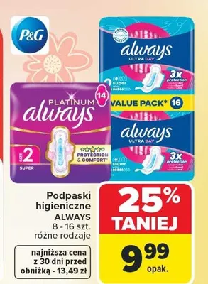 Podpaski higieniczne Platinum różne rodzaje promocja w Carrefour