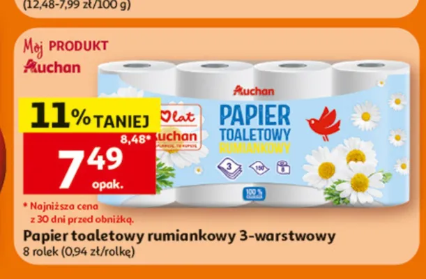Papier toaletowy rumiankowy 3-warstwowy Auchan 8-pak promocja w Auchan