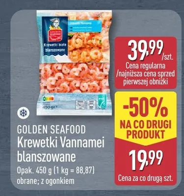 Krewetki Vannamei blanszowane Golden Seafood obrane z ogonkiem promocja w Aldi
