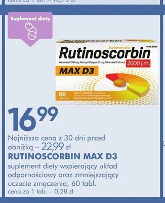 Suplement diety wspierający układ odpornościowy oraz zmniejszający uczucie zmęczenia RUTINOSCORBIN MAX D3 promocja w Super-Pharm