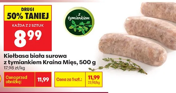 Kiełbasa biała surowa z tymiankiem Kraina Mięs 500g promocja w Biedronka