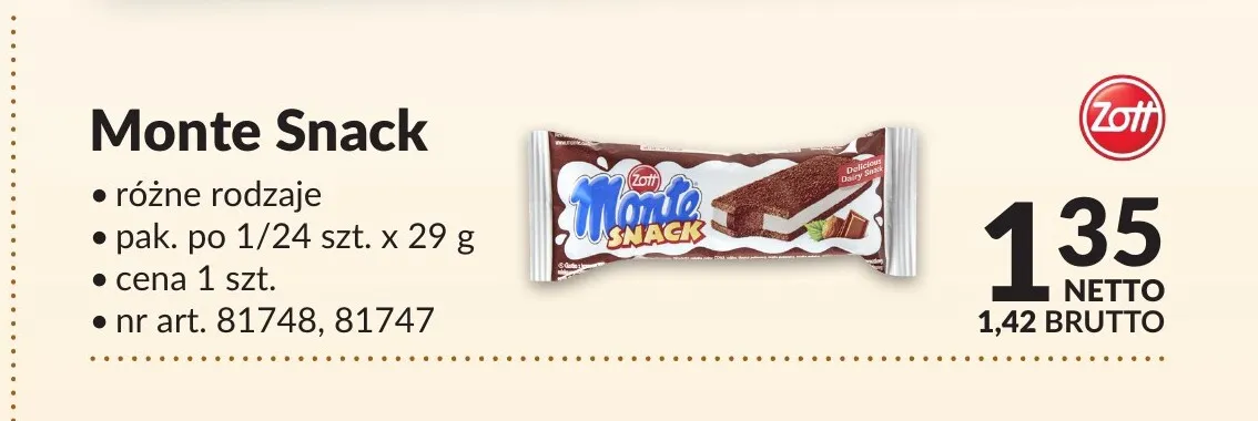 Przekąska mleczna Monte Snack Zott promocja w Makro