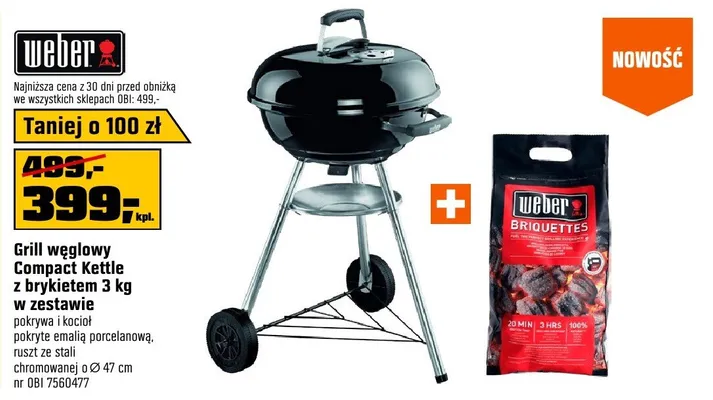 Grill węglowy Compact Kettle z brykietem 3 kg w zestawie promocja w OBI
