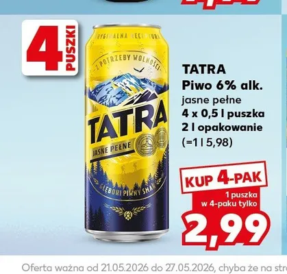 Piwo Tatra jasne pełne 6% alk. 4-pak 500ml promocja w Kaufland