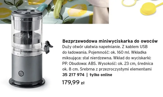 Bezprzewodowa miniwyciskarka do owoców z kablem USB do ładowania pojemność ok. 160ml wkładka miksująca stal nierdzewna wkład do wyciskarki PP obudowa ABS wysokość ok. 23cm średnica ok. 8cm srebrna z przezroczystymi elementami promocja w Tchibo