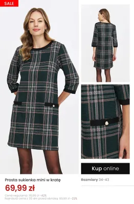 Prosta sukienka mini w kratę promocja w Top Secret