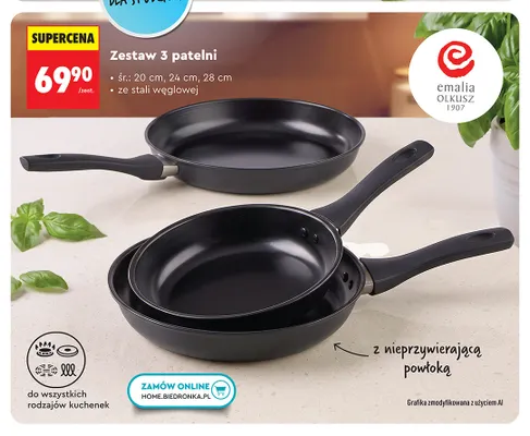 Zestaw 3 patelni ze stali węglowej Emalia Olkusz promocja w Biedronka