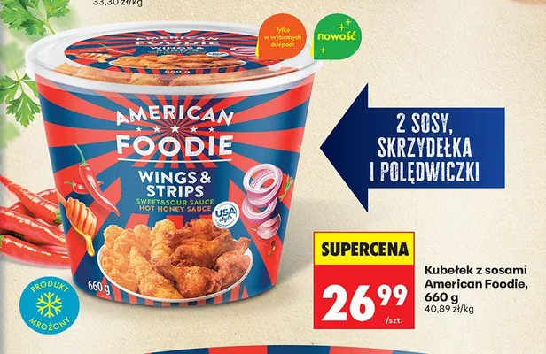 Kubełek z sosami Wings & Strips chicken popcorn & sauces hot honey sauce promocja w Biedronka