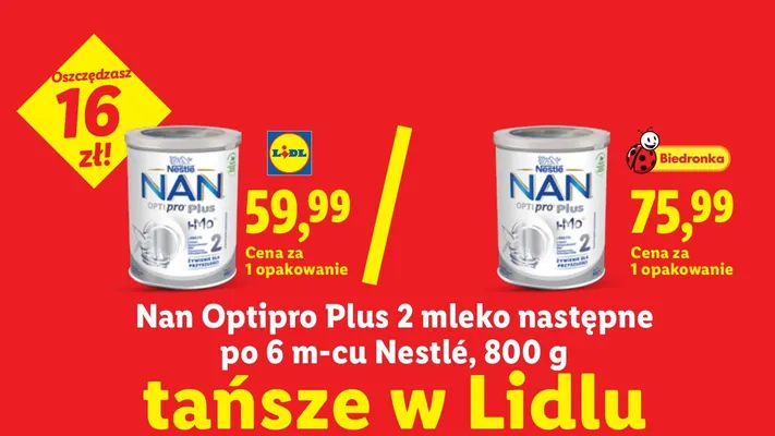 Mleko następne Nan Optipro Plus 2 po 6 m-cu Nestlé promocja w Lidl