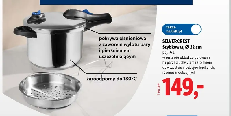 Szybkowar Silvercrest 6 l Ø 22 cm z wkładem do gotowania na parze promocja w Lidl