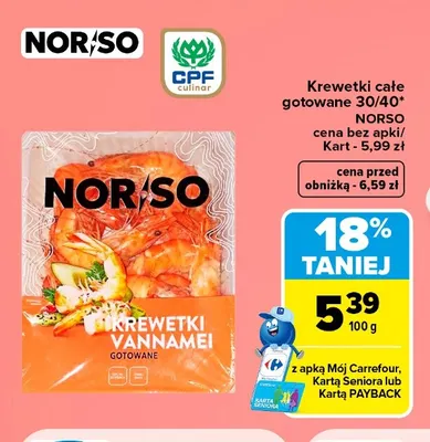 Krewetki całe gotowane Vannamei NORSO promocja w Carrefour Market