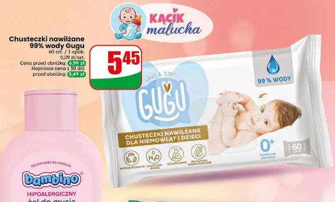 Chusteczki nawilżane 99% wody Gugu promocja w Dino
