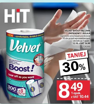 Ręcznik papierowy Velvet Boost! 1 rolka dwa rodzaje 126200 promocja w Selgros