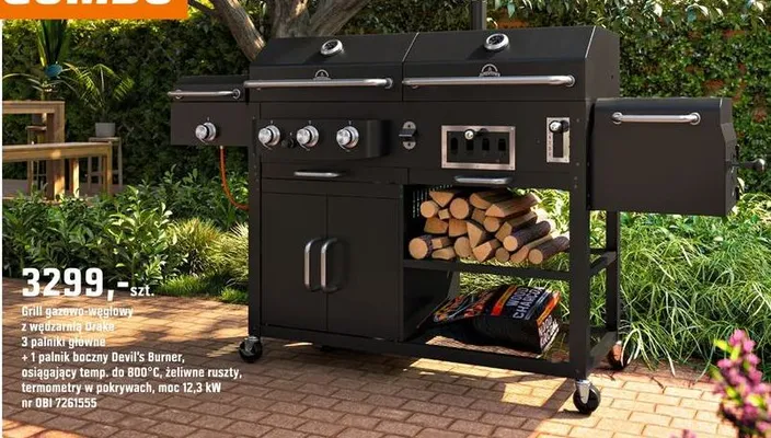 Grill gazowo-węglowy z wędzarnią brązą, 3 palniki główne + 1 palnik boczny Devil's Burner, osiągający temp. do 800°C, żeliwne ruszty, termometry w pokrywach, moc 12,5 kW promocja w OBI