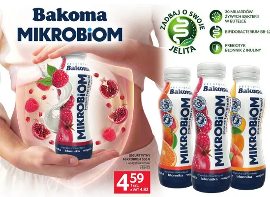 Jogurt pitny Bakoma Mikrobiom truskawka promocja w Selgros